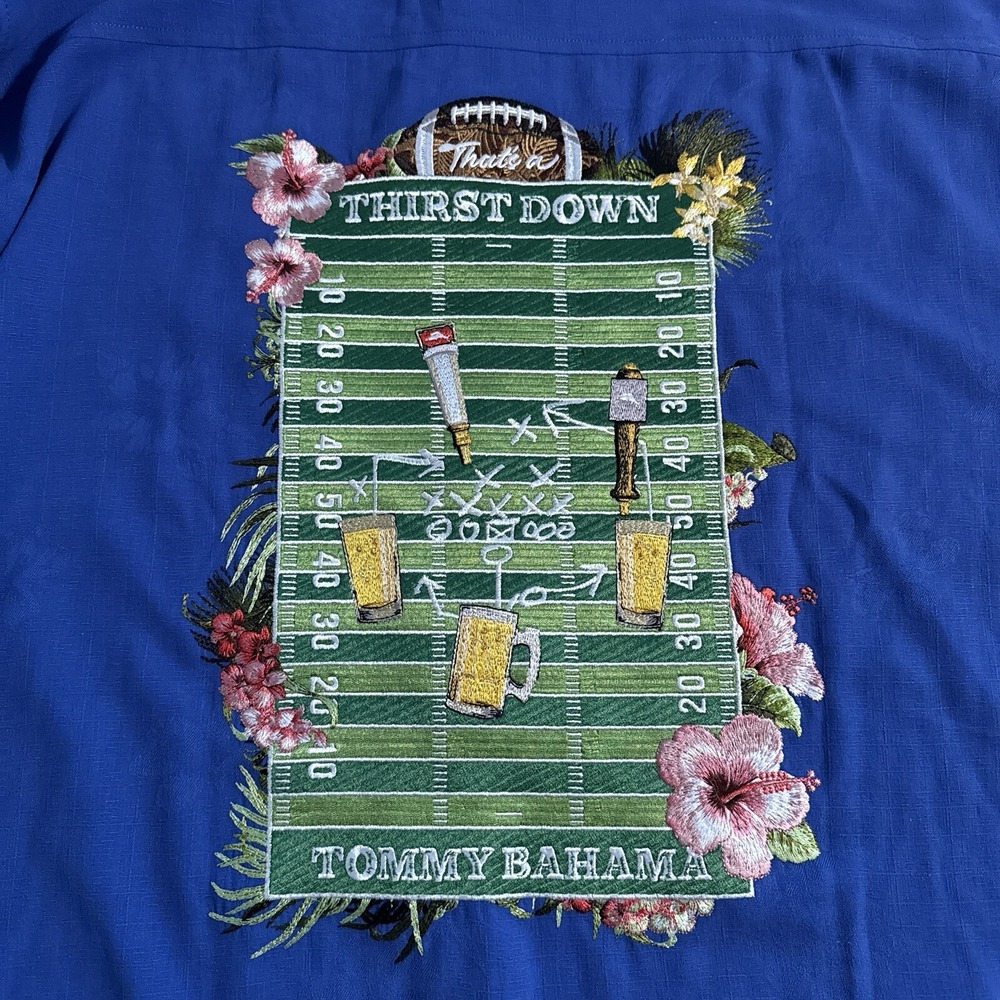 Tommy Bahama Men's 3XL Silk Embroidered That's A Thirst Down Football Shirt XXXL